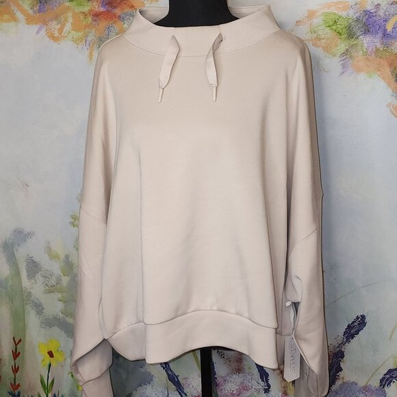 Oversized Neutral Beige Pullover Sweatshirt With Drawstrings & Ribbed Cuffs - Picture 3 of 8
